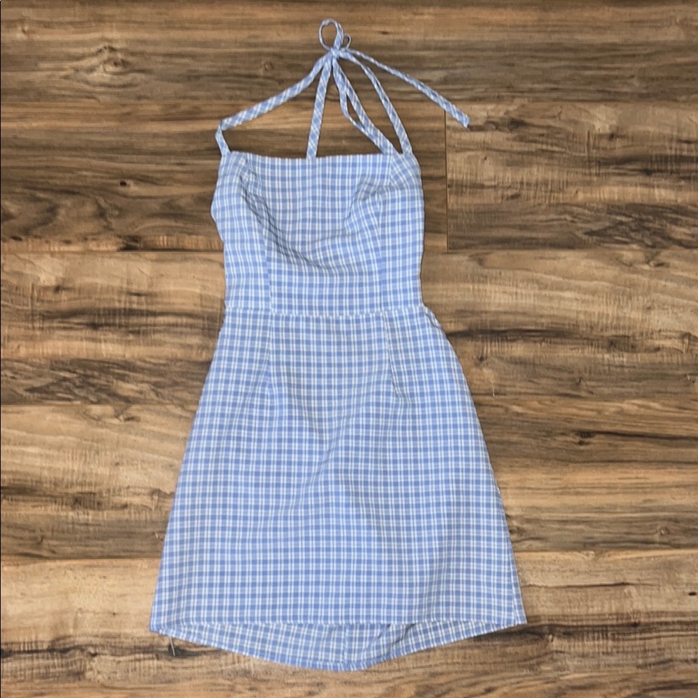 Blue and White Checkered Halter Dress